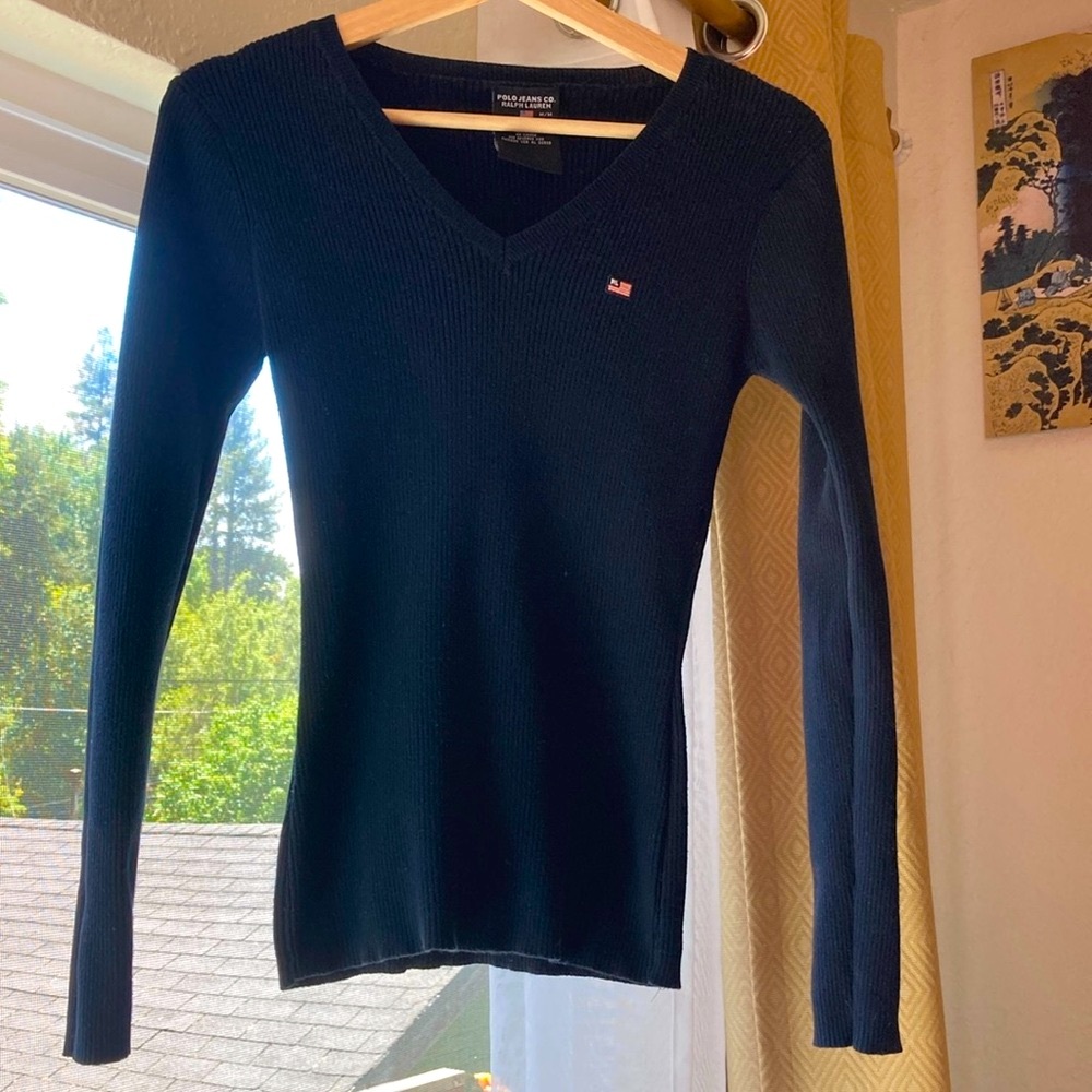 Women’s Polo by Ralph Lauren Black ribbed long sleeve V neck shirt, size Medium